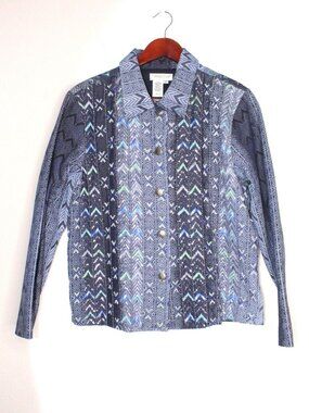 Coldwater Creek Denim Sequin Blazer Women's PL Blue Green Beaded Lined Modern‎